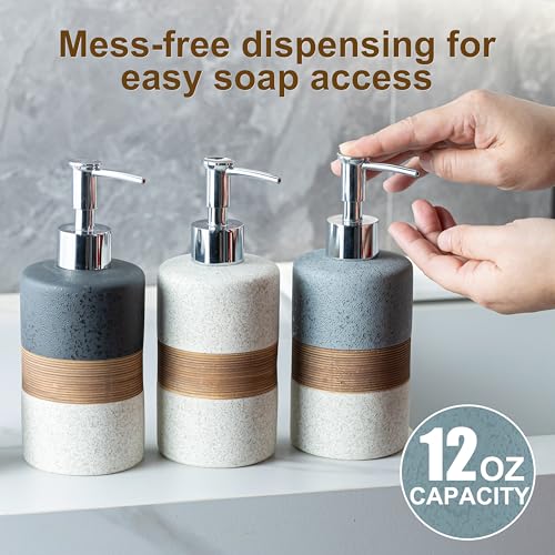 Dish Soap Dispenser Set with Silicone Funnel, Hand Soap, Shampoo, Body Wash, Ceramic Liquid Soap Dispenser for Kitchen and Bathroom Countertops, Stainless Steel Pump, Non Slip, 12 Oz, Black