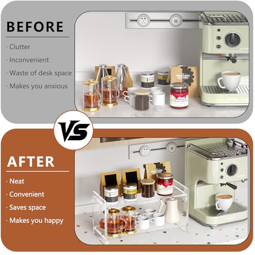 YUNEASELF Coffee Station Organizer Countertup: Coffee Bar Accessories - 2 Tier Kitchen Acrylic Storage Shelf for Placing Mugs Beans Syrup Cups Stirrers