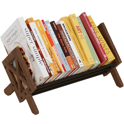 Desktop Bookshelf Organizer, Wood Office Tabletop Book Storage Rack, Tilting Bookcase for Books/CDs/Magazine Display (Black)