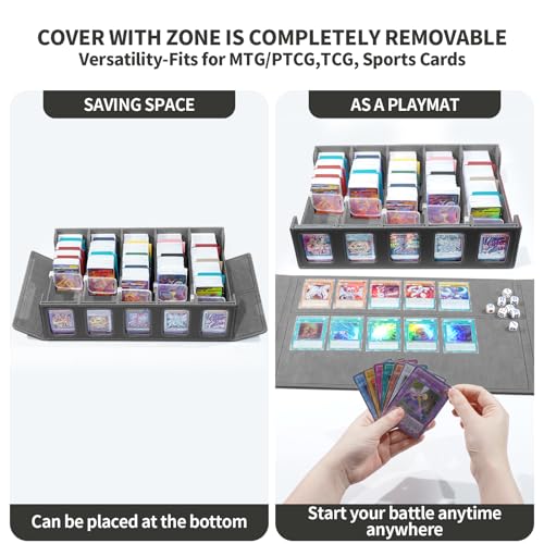 Trading Card Storage Box with Commander Display, 5-Row Deck Case with Removable Lid, 3900+ Cards Deck Case with 48 Colorful Dividers, Magic Card Organizer for TCG PTCG, Black Grey