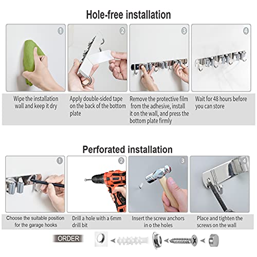 Mop and Broom Hanger Wall Mount, stainless steel Broom Hook Organizer Wall Mounted, Heavy Duty Mop Holder Storage Rack - 3 Racks 4 Hooks for hanging brooms and mops