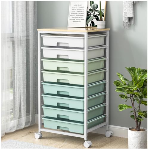SYKIARIOL Rolling Cart with Drawers,Craft Organizers and Storage, Green | Rolling Storage Cart with 8 Drawers and Wooden Tabletop for Living Room,Office,Classroom,Craft Room,Bedroom,Dorm