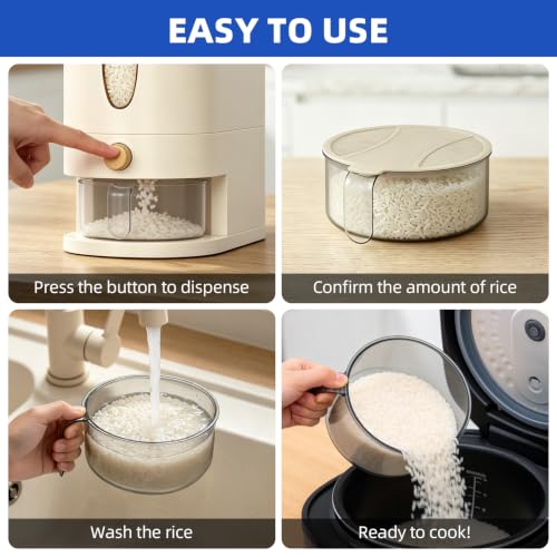 samstar Large Capacity Rice Dispenser 20-25 lbs, Sturdy & Airtight Rice Storage Container, Quick Rice Dispensing Design, Moisture Resistant Grain Storage Bin Rice Holder for Kitchen, BPA-Free, Beige