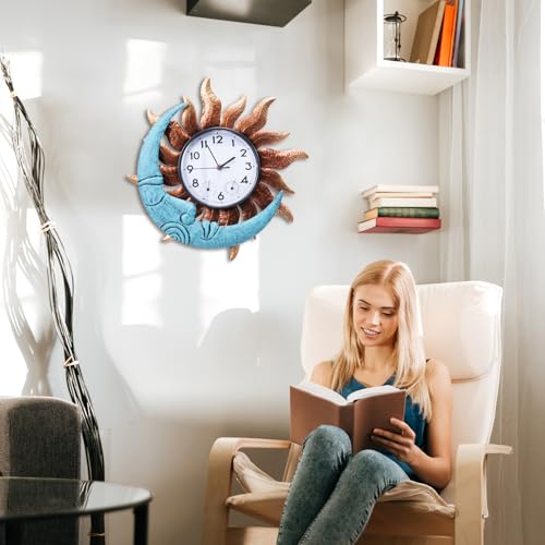 Outdoor Clock, Sun and Moon Clock for Patio Pool Garden Home Decor | Waterproof, Thermometer Combo, 14 Inch, Easy to Read