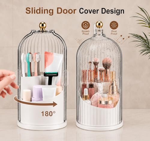 Rotating Toothbrush Holder with Cover, Storage for Bathroom, Dustproof Toothbrush Holder with Sliding Lid Electric Tooth Brush and Makeup Brush Organizer for Vanity, Dustproof with Cover