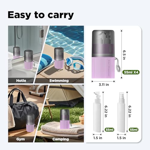 4 in 1 Travel Dispenser Bottle, Travel Bottles for Toiletries, Pink | 4 × 55ml Leak Proof Travel Bottles with Suction Cups