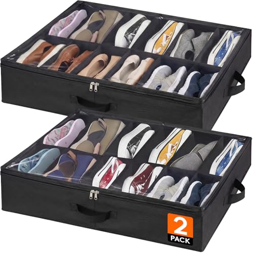 Under Bed Shoe Storage Organizer 2 Pack(12 Shoes C... (2 Count | Black)