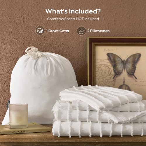 JELLYMONI White Striped Tufted Duvet Cover Set King Size | Soft Breathable, Cotton-Like Feel, Storage Bag, 8 Corner Ties & Hidden Zipper, Oeko-Tex Certified