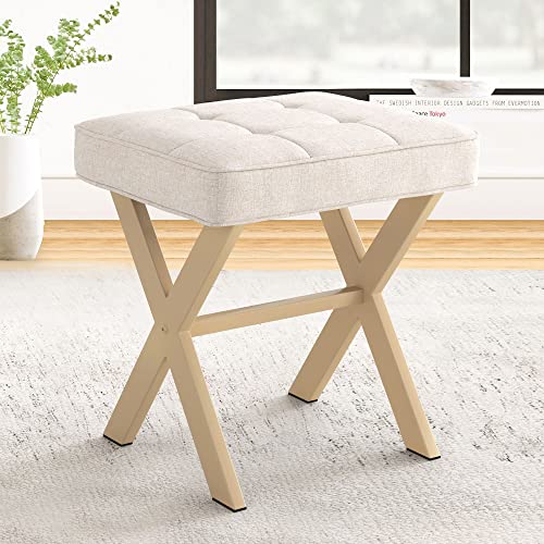 Square Linen Makeup Stool, Metal X Legs, Small Ott... (Linen)