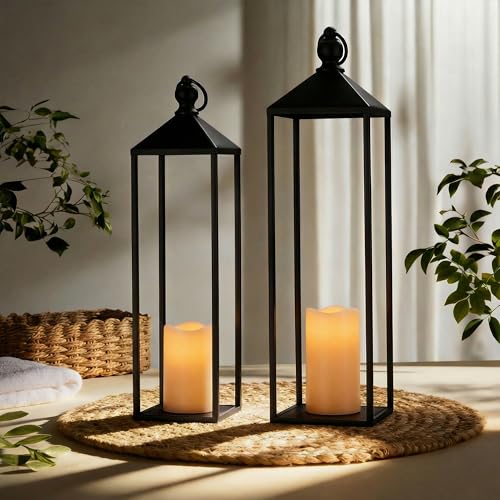 Perfnique Decorative Lanterns for Indoor & Outdoor, Set of 2 Black Metal Lanterns (22" & 19") with LED Timer Flameless Candles, Farmhouse Modern Decor for Front Porch, Patio, Mantle