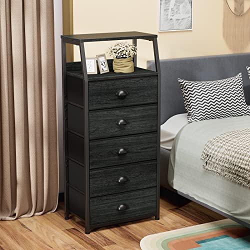 Black Dresser for Bedroom, Fabric Dorm Tall Nightstand | 5 Drawers Chests of drawers, Closet Organizer, Bedside Table Furniture for Living Room, Sturdy Steel Frame, Wood Top