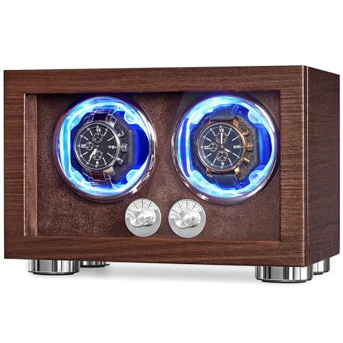 ANWBROAD Double Automatic Watch Winder, Watch Winder for Automatic Watches | 4 Modes, LED Light, Rotating Watch Box with Super Quiet Motor with Type-C Adapter, Dual Watch Winder Box (Brown), UJWW004M