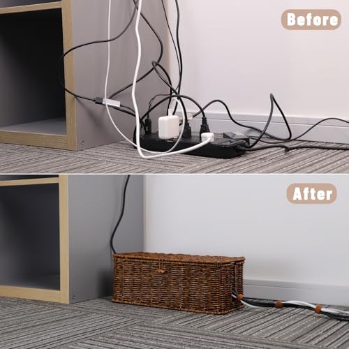 BROWNLILY Cable Management Box, Rattan Style Cord Organizer for Desk Cord Hider Outlet Covers for Power Strip TV PC Router Charger Under Desk Storage with Lockable Lid and Cable Ties
