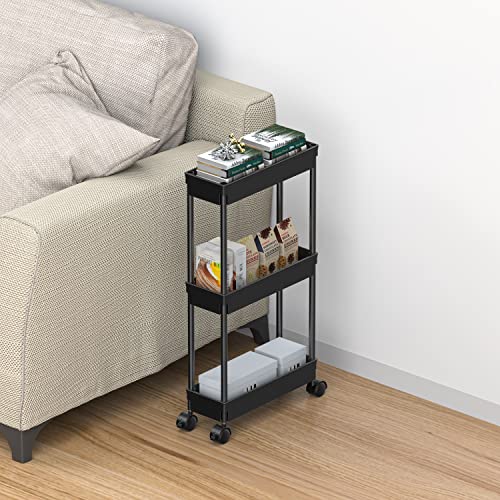 Sooyee 3 Tier Rolling Cart with Wheels, Black | Slim Storage Cart, Narrow Storage Cabinet, Under Desk Storage, For Office Bathroom Kitchen Laundry Room