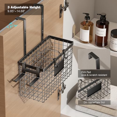 Hair Dryer Holder Cabinet Door, Adhesive Hair Tool Organizer Wall Mount Adjustable Height Blow Dryer Holder Under Sink/Countertop for Flat Curling Iron, Hair Brush and Straightener (1, Black)