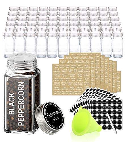 SWOMMOLY 66 Pcs 4 oz Glass Spice Jars with Shaker Lids and 703 Spice Labels | Empty Spice Containers with Airtight Lids, Chalk Marker, Funnel - Square Seasoning Bottles for Spice Racks, Cabinets, Drawers