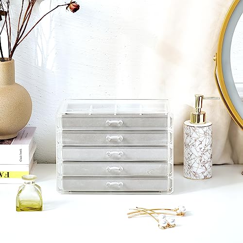 ProCase Earring Holder Organizer Jewelry Box with 5 Drawers, Grey | Acrylic Clear Jewelry Organizers, Stud Earring Storage Box with Adjustable Velvet Trays, Women Girls Christmas Birthday Gifts