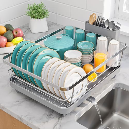 Sakugi Dish Drying Rack - Stainless Steel Dish Rack with Drainboard for Kitchen Counter and Sink, 15.6" D x 12" W x 5" H, Sliver