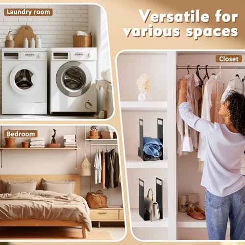 Set of 2 Towel Organizer for Closet Shelf, Interlocking Metal Towel Storage Organizer for Bathroom, Storage Rack with Divider for Linen Closet, Cabinet and Home Organization (Black)