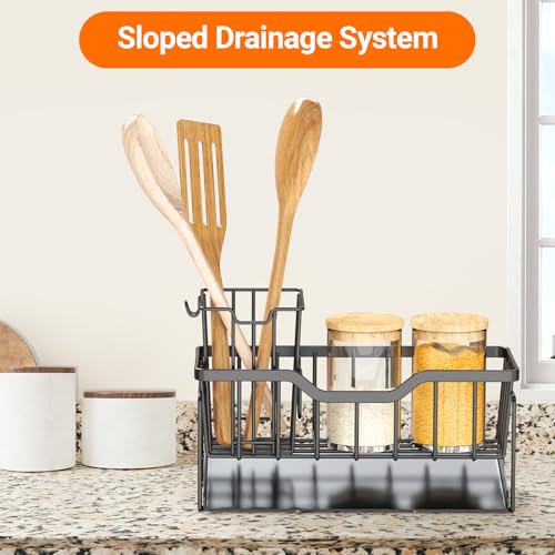 Sponge Holder for Kitchen Sink, Stainless Sink Caddy Organizer | Rustproof Kitchen Sink Organizers with High Brush Holder & Self Drain Tray, Anti-Slip Kitchen Countertop Storage Essentials