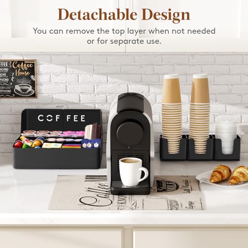 Lifewit 2-tier Coffee Station Organizer Caddy for Countertop, 10 Compartments Coffee Bar Organizers for Cups, Pods, Sugar, Compact Condiment Holders Storage for Office Breakroom Kitchen Home Black