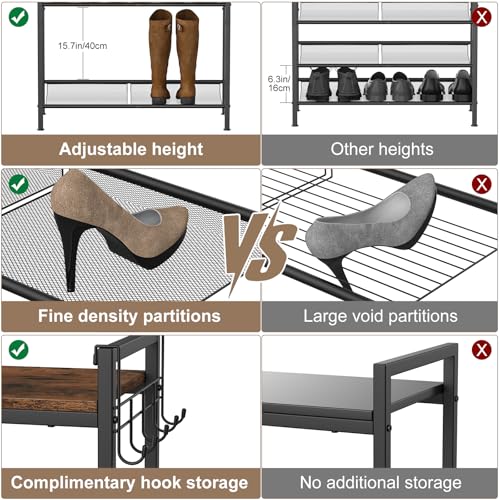 Refrze Shoe Rack for Front Door Entrance, 4 Tier Height-Adjustable Metal Shoe Rack, Sturdy Wooden Top and Tiltable Steel Frame Heavy Duty Shoe Organizer for Bathroom,Bedroom,Kitchen,Include Hook
