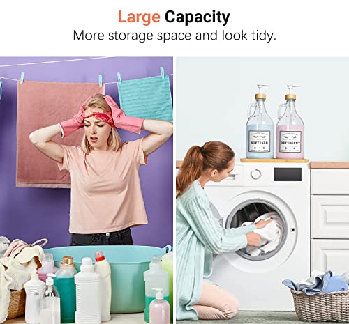 2 Pcs Glass Laundry Detergent Dispenser Bottle, Liquid Laundry Soap Dispenser for Laundry Room, 64oz Detergent Bleach Softener Dispenser for Farmhouse Decor, Includes Bamboo Pumps Tray Funnel Labels