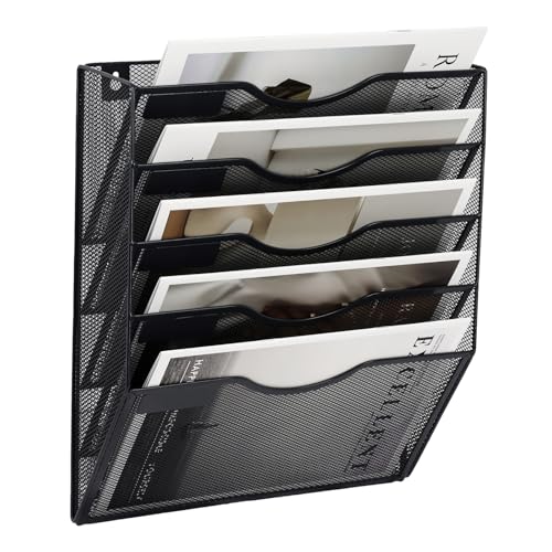 5 Pocket Mesh Hanging Wall File Organizer, Wall Mounted Mail Paper Document Folder Holder, Clipboard Storage Organization Magazine Rack with Nametag Label for Office Home School, Black