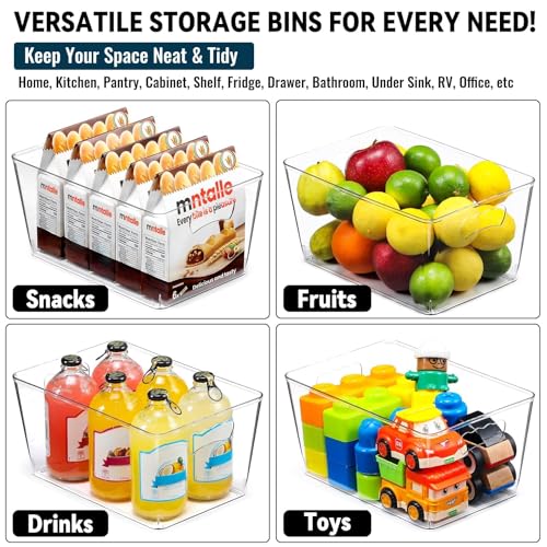 12 PACK LARGE Clear Storage Bins with Handles & Labels, Multiuse Plastic Pantry Organizer Bins for Home Kitchen, Fridge, Freezer, Cabinet, Closet, Bathroom, Shelf, Laundry, RV, Under Sink Organization