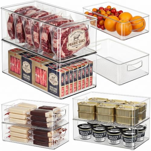 Hudgan 8 Pack Freezer Organizer Bins,Stackable,Clear Bins for Fridge,Pantry | Straight Side, 3 Sizes, 2 XL Storage Container, 3 Large Cabinet Organizer, 3 Medium Storage Drawer