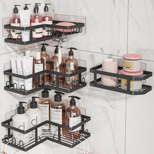 Youvip Shower Caddy Corner No Drilling-Adhesive, Shower Shelves-Rustproof | Organizer for Dorm. Black, 4-Pack - with Soap Holder