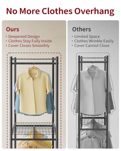 Sakugi Clothes Rack with Cover, Wardrobe Closet, 35.4" x17.7" x79.7", Iron | Bedroom, Dorm, Apartment, Open Front, Heavy Duty, Lockable Wheels, Rust-Resistant, Black