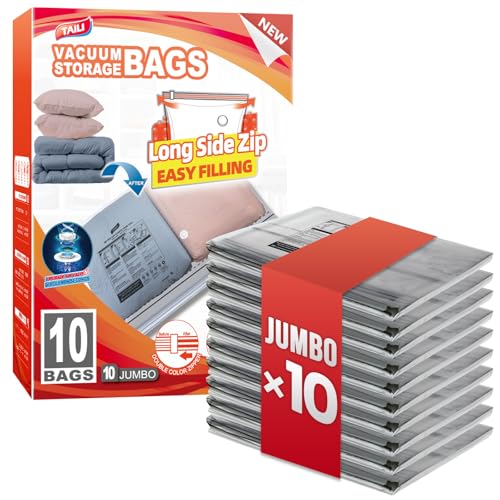 10 Pack Vacuum Storage Bags, Jumbo LONG SIDE ZIP(3... (10 Count | Clear)