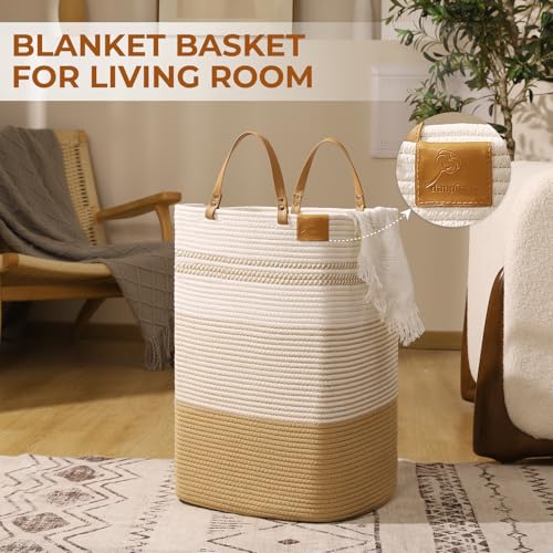 Large Laundry Hamper – 75L Tall Woven Cotton Storage Basket with Leather Handles, Slim Dirty Clothes Hamper, Decorative Storage Basket for Blanket,Toys White & Jute