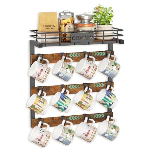 Coffee Mug Holder Wall Mounted Display Rack, Black... (Black | Metal, Wood)