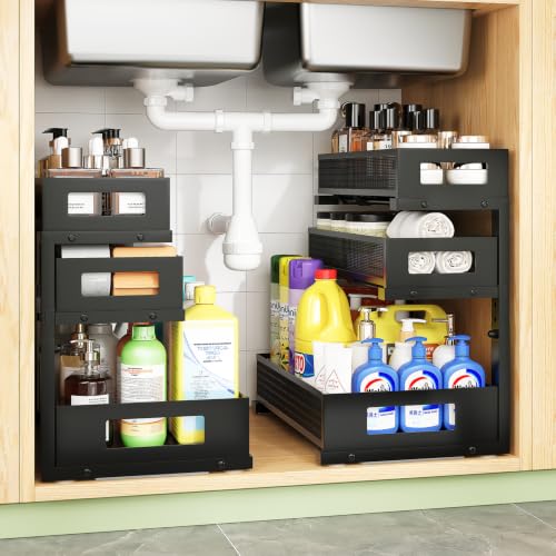 Under Sink Organizer,3-Tier Heavy Duty Pull out Cabinet Organizer Shelf | Height Adjustable,Thickened Metal,Slide out Storage Drawer Rack for Kitchen Bathroom Pantry Laundry Home Organization