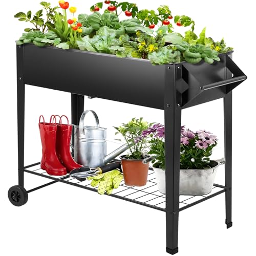 32" Tall Raised Garden Bed Outdoor with Wheels & S... (Black | Alloy Steel)
