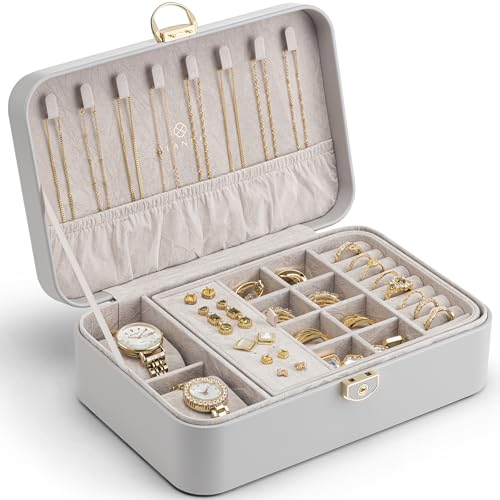2 Layer Jewelry Box,Jewelry Organizer Storage Lock... (03.Grey-Pillow | Faux Leather)