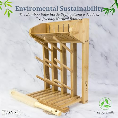 Bamboo Baby Bottle Drying Rack, Vertical Space Saving Kitchen Organizer, 9 Bottle Capacity, Countertop Storage Holder and Bottle Dryer with Draining Base (Comes with a Free Cleaning Brush)