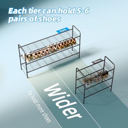 3 Tier Shoe Rack for Closet, 44 Inch Extra Long Shoe Storage Organizer for Shelves, Heavy Duty Metal, Easy Assembly, Black