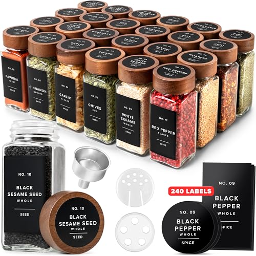 Glass Spice Jars with Label, 24x Acacia Wooden Lids - Black Labels