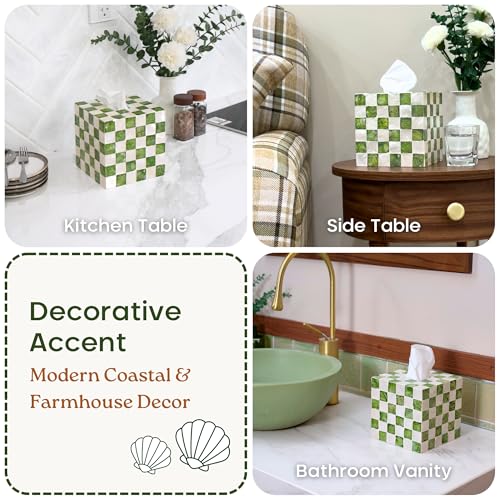 5.5" Capiz Checkered Square Tissue Box Cover, Pistachio Green | Handmade Decorative Tissue Holder With Capiz Shell Inlay, Cute Green Tissue Box Cover For Kleenex For Bathroom, Coffee Table