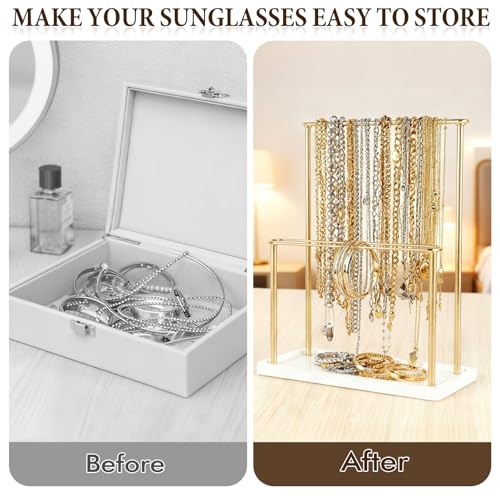Sunglasses Organizer Holder Stand, Eyeglasses Display ,Gold Storage Rack | Wood Base, for 28 Pairs of Eyewear, 2 Tier