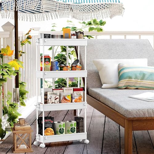 SPACEKEEPER Slim Rolling Storage Cart, 4 Tier Bathroom Cart Organizer,White | Narrow Rolling Cart with Wheels for Kitchen Office Bathroom Laundry Room,Mobile Utility Cart for Craft Art Makeup Nail Polish