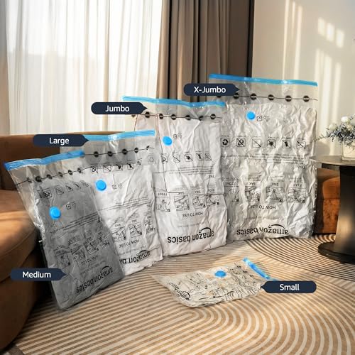 Amazon Basics Vacuum Storage Bags for Clothes, Compression Space Saving Storage Bags with Hand Pump, Reusable, Heavy-Duty Seal Protection, Multiple Sizes, White, 15-Pack