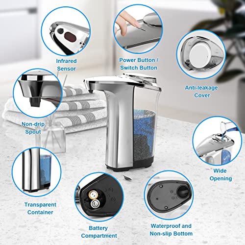 PZOTRUF Automatic Soap Dispenser, Touchless Dish Soap Dispenser 17oz/500ml with Infrared Sensor, 5 Adjustable Soap Dispensing Levels, Liquid Hand Dispenser for Bathroom Kitchen Sink (Silver)