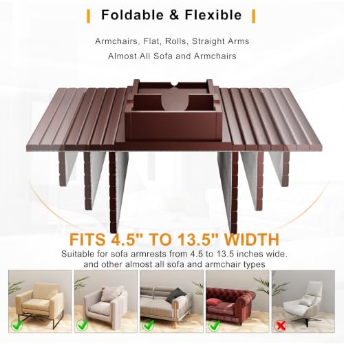 Bamboo Couch Armrest Table with Cup Holder Tray (Walnut) | 2 in 1 Anti-Slip Couch Caddy for Drinks Cellphone TV Remote Snacks