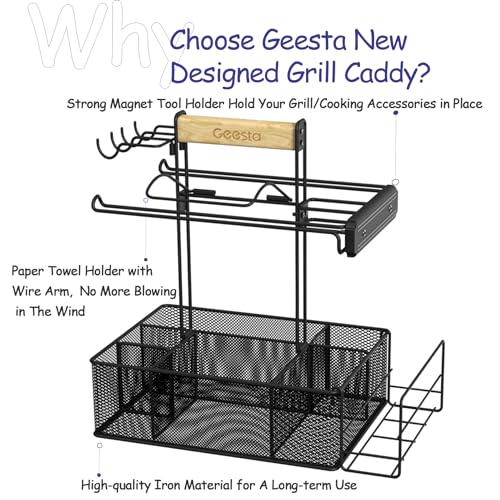 Grill Caddy for Outdoor Grill, BBQ Picnic Camping Caddy with Paper Towel Holder & Magnetic Tool Holder, Condiment Storage Utensil Kitchen Organizer for RV Camper, Tailgate Accessories