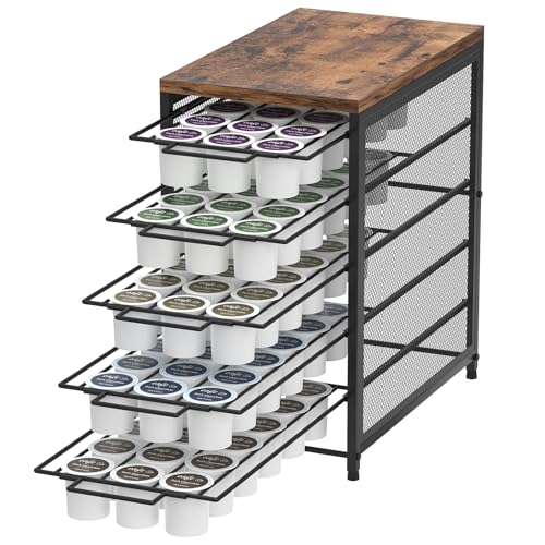 Coffee Pod Holder for K Cups, 5 Tier K Cup Drawer,... (Brown-5tier | Metal, Wood)