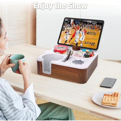 Couch Cup Holder Tray, Real Acacia Wooden Caddy with Soft Silicone, Snack and Drink Organizer- Perfect Movie Night Accessories for Bed, Remote and Cup Holders for Sofa (White)